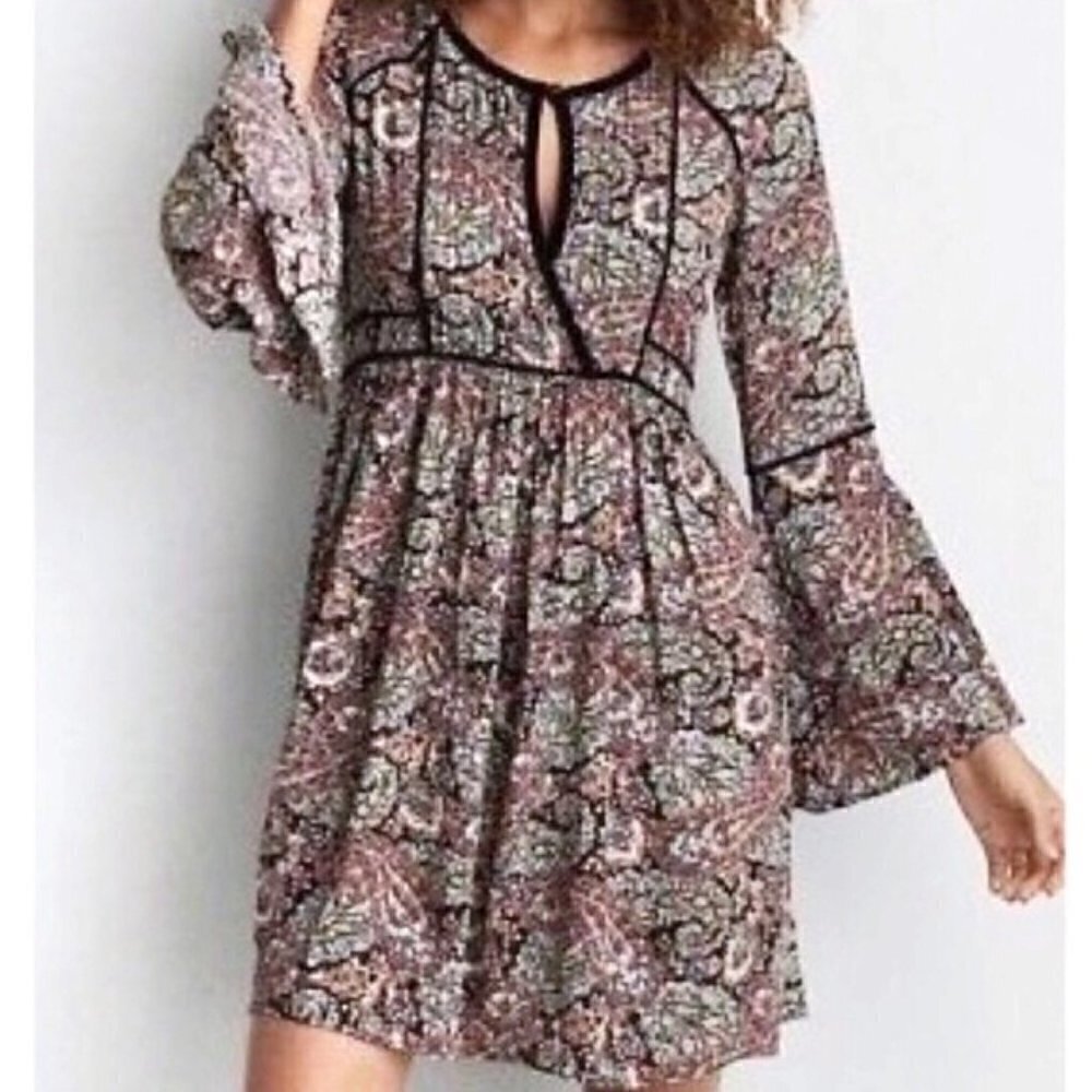 American Eagle AEO Paisley Velvet Trim Boho Bell Sleeve Dress S